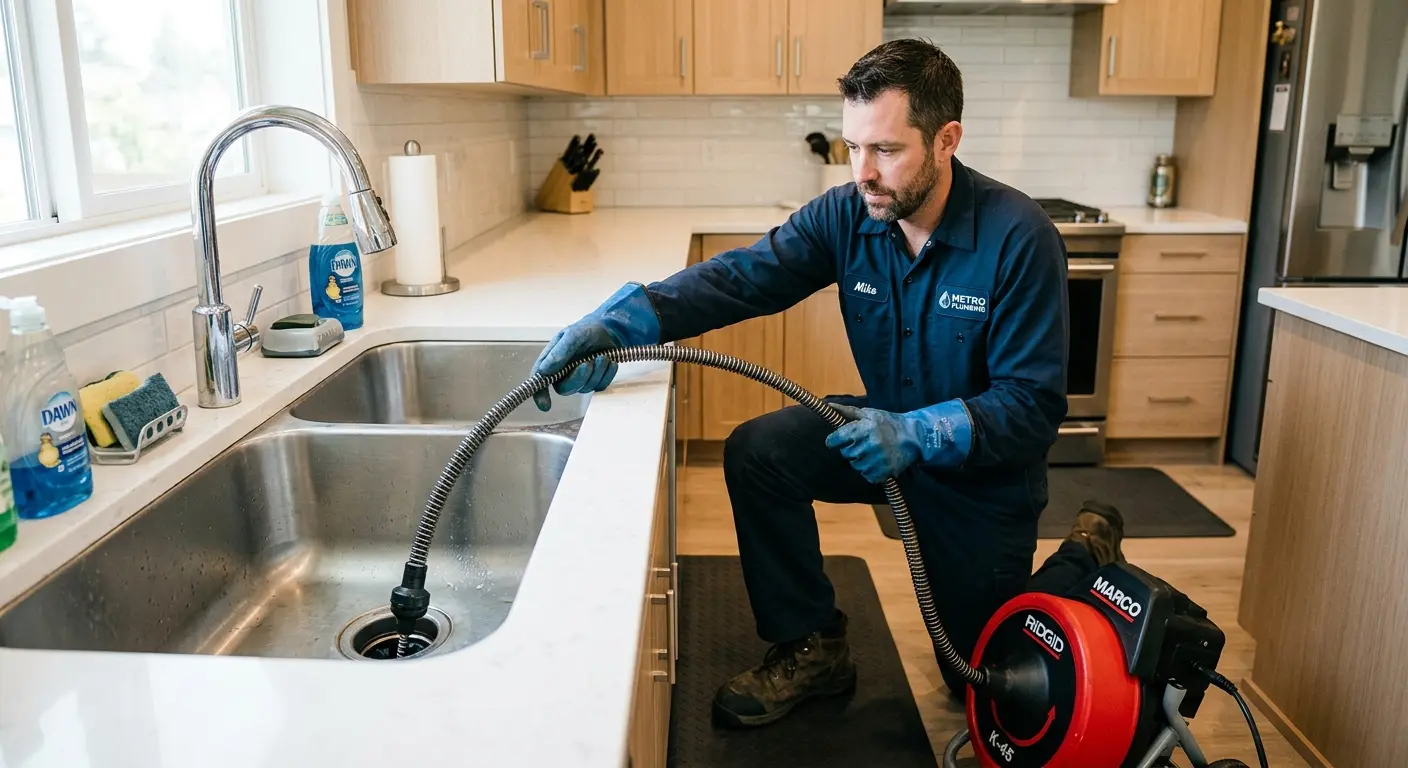 Drain cleaning technician using a motorized snake on a kitchen sink in Allouez