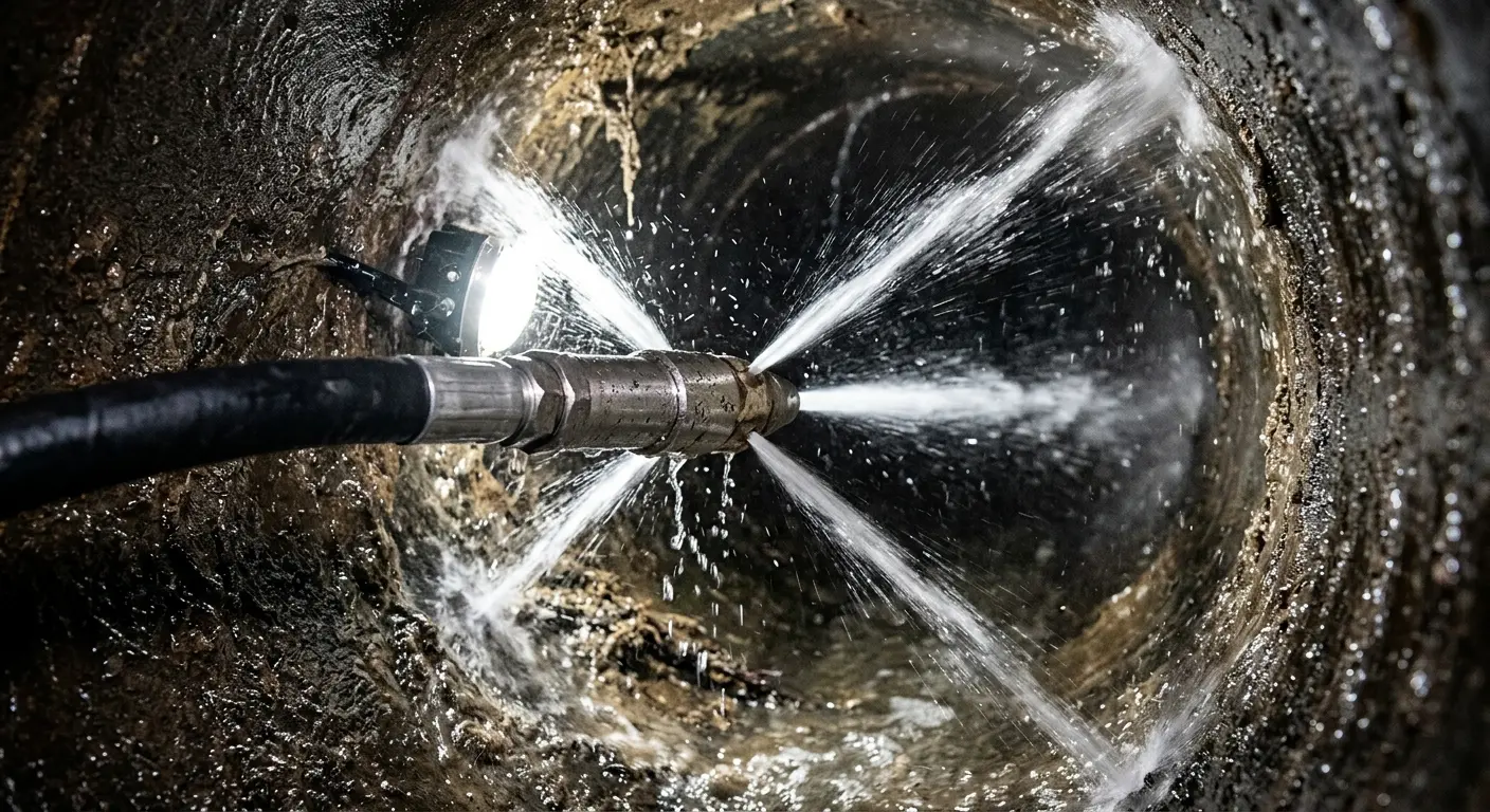 High-pressure hydro jetting nozzle cleaning sewer pipe for Sewer Cleanout in Allouez