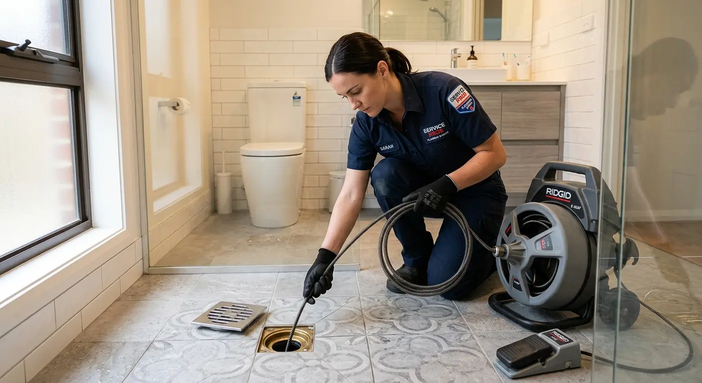 Technician clearing a bathroom floor drain for Sewer Line Installation in Allouez